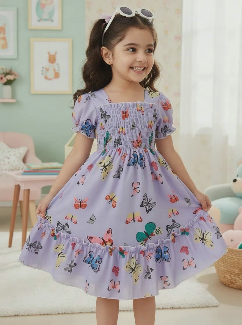 Glamgait Purple Color Butterfly Printed Short Sleeve Kids Dress