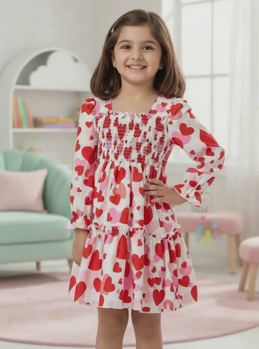 Glamgait Multicolor Heart Theme Full Sleeve Midi Kids Dress