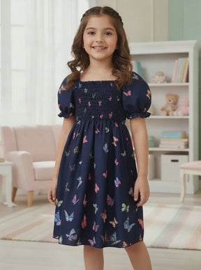 Girls Navy Blue Butterfly Print Puff Sleeve Party Dress