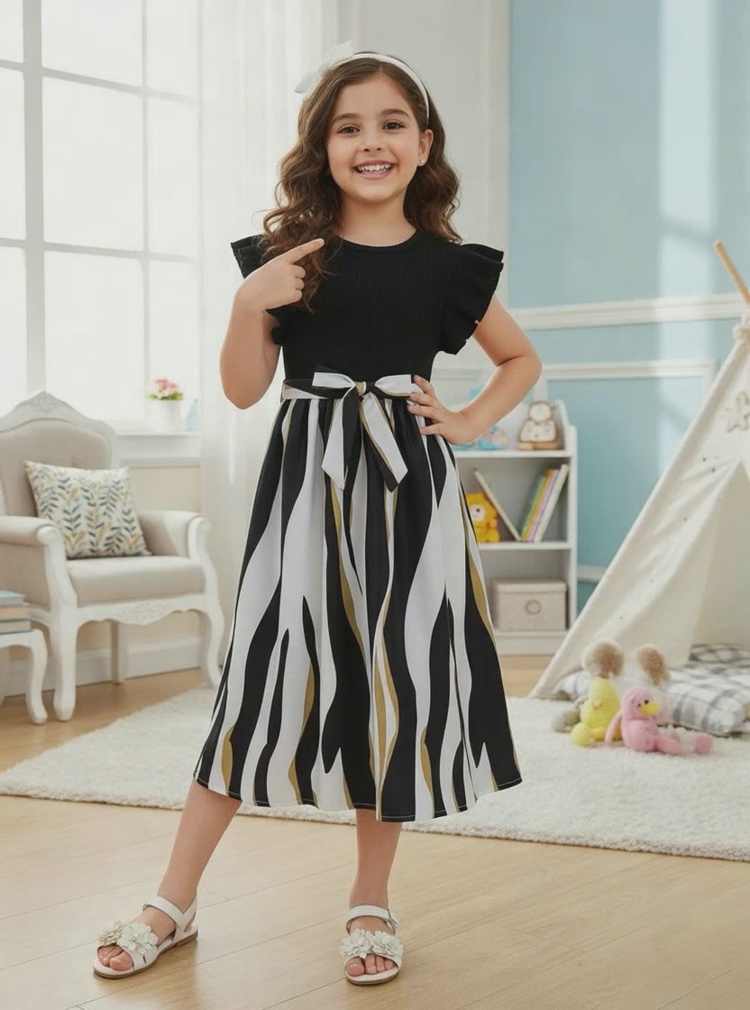 Girls Black Ruffle Sleeve Top with Striped Skirt
