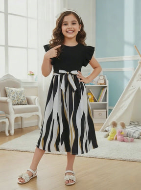 Girls Black Ruffle Sleeve Top with Striped Skirt