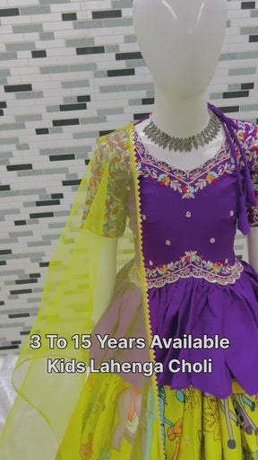Girls Purple Embroidered Top with Lime Green Multicolour Traditional Print Lehenga