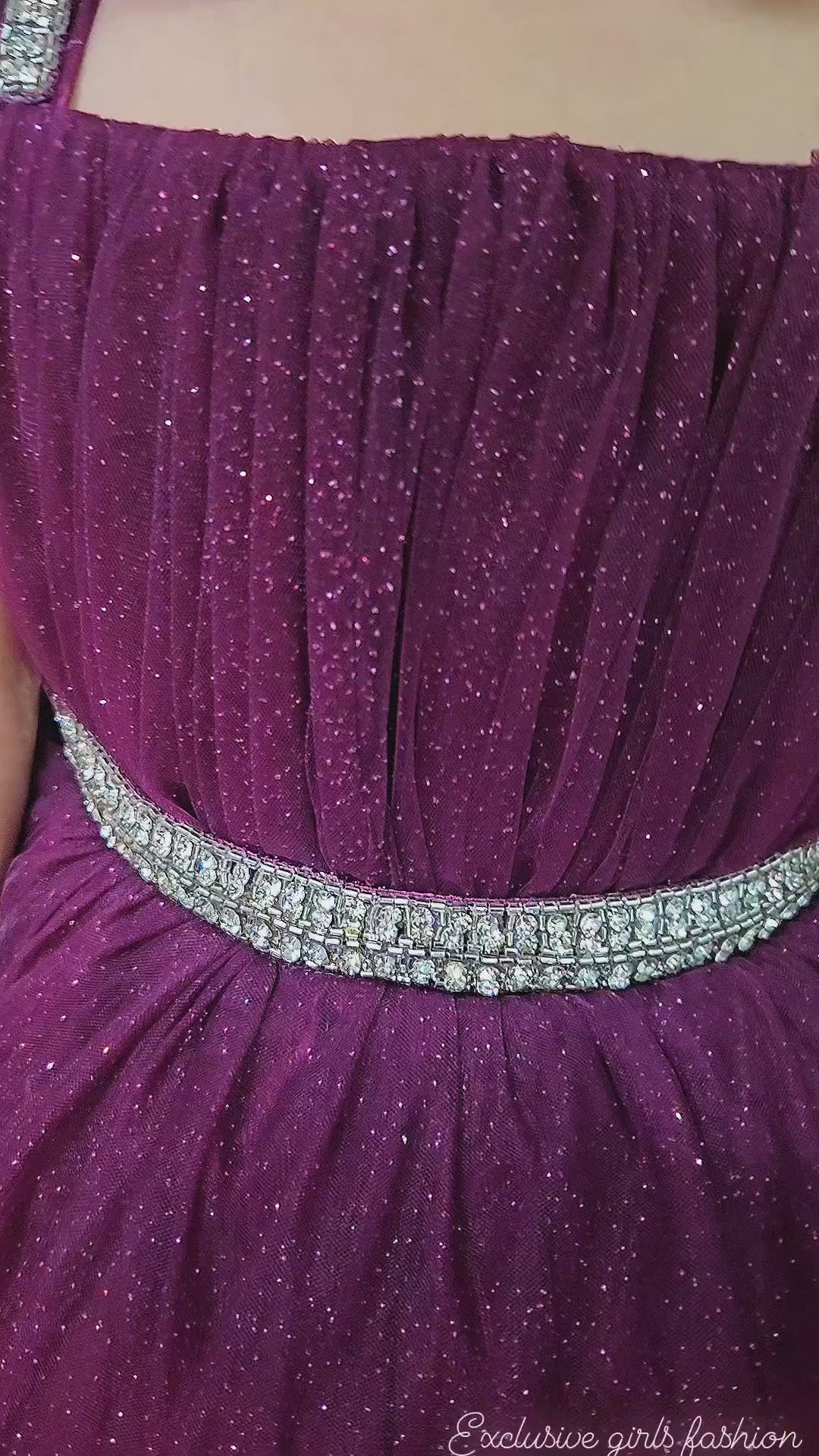 Girls Partywear Layered Burgundy Tulle Dress with Sparkle