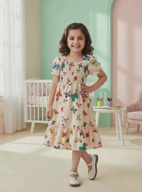 Glamgait Cream Color Butterfly Printed Short Sleeve Kids Dress