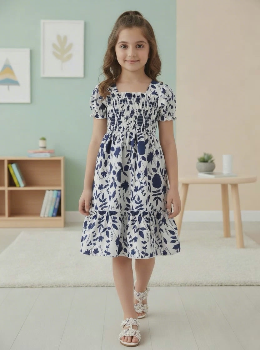 Girls Blue Floral Puff-Sleeve Smocked Cotton Dress with Ruffle Hem