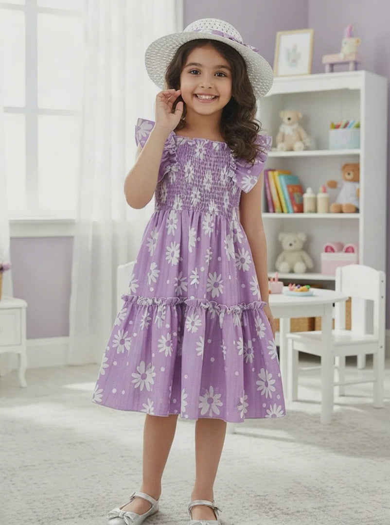 Girls Lavender Daisy Print Ruffle Sleeve Party Dress