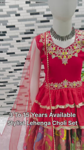 Girls Red Embroidered Sleeveless Top & Multicolour Traditional Print Lehenga