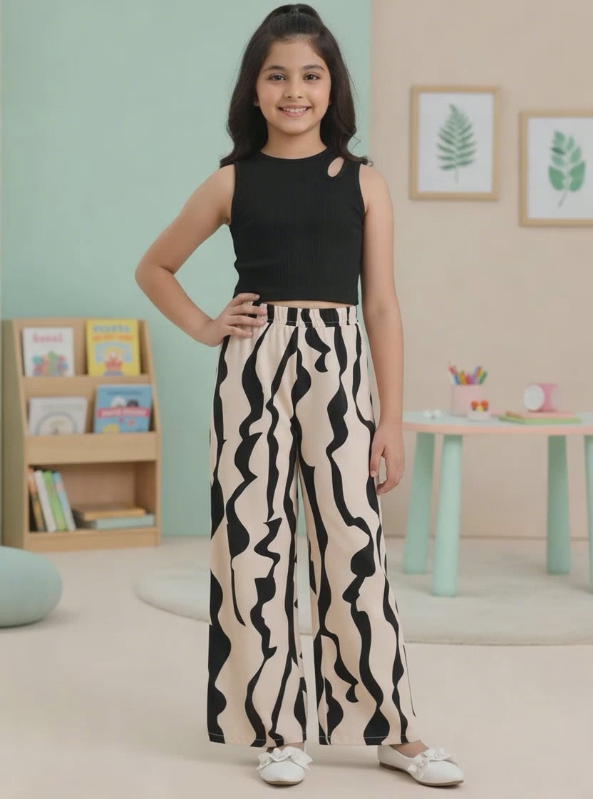 Girls Black Crop Top with Beige & Black Printed Wide Pants