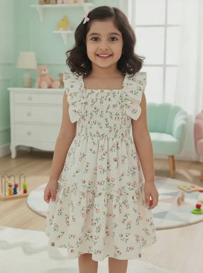 Girls Cream Floral Print Ruffle Sleeve Party Dress