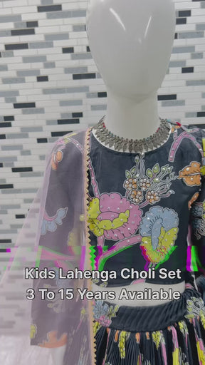 Black Floral Embroidered Kids Lehenga Choli