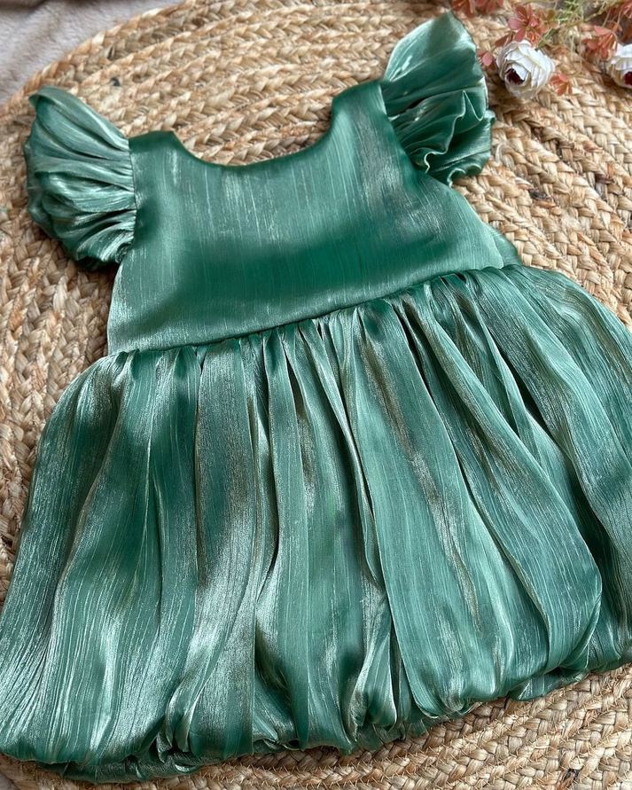Green Silk Flared Sleeve Baby Frocks